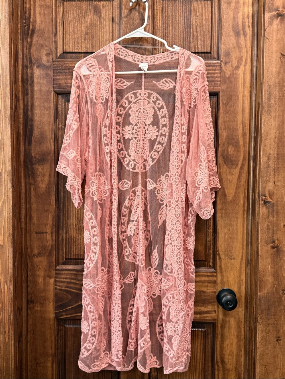 Sheer Lace Kimono Cover-Up in Blush Pink size L/XL